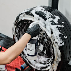 CARPRO ReTyre being sprayed onto a tire to remove road film effectively