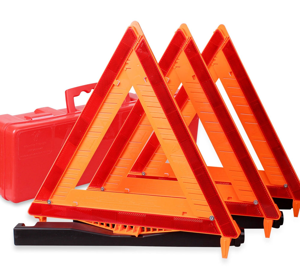 CARTMAN front view of three DOT approved warning triangles showing visibility benefit