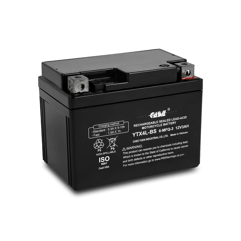 Casil YTX4L-BS front view showing compact design and reliable starting power