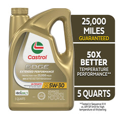 Castrol EDGE 5W-30 five-quart bottle angled to show ergonomic grip benefit