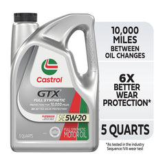 Castrol full synthetic 5W-20 five-quart container angled to show shape and handling benefit