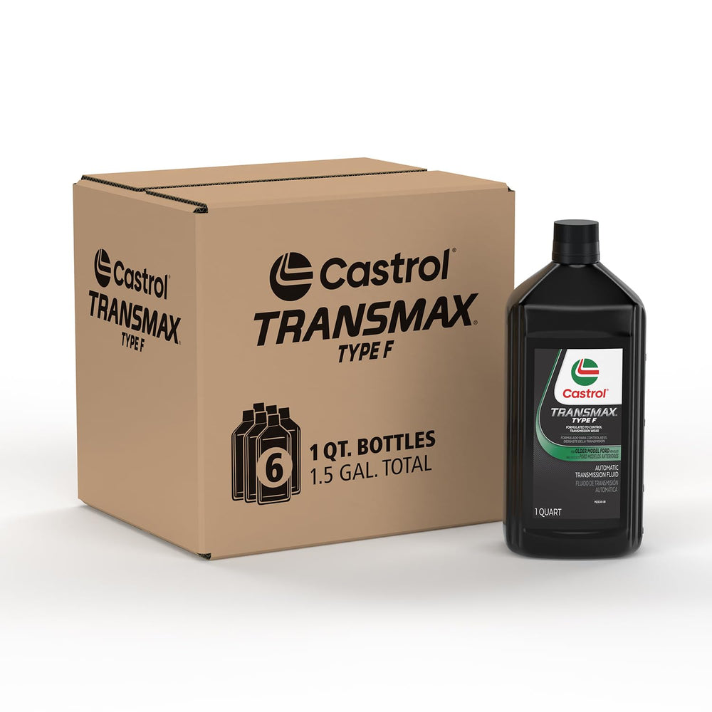 Castrol Transmax Type F front packaging showing six quart bottles and clear labeling for correct use