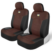 CAT front seat cover packaging showing brown two-piece set and benefits