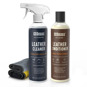 CCGeass front packaging of the leather care kit showing both bottles and benefits
