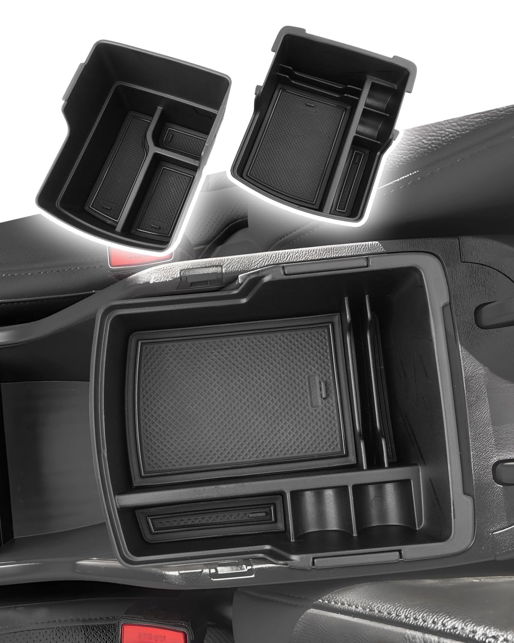 CDEFG front view of console organizer showing neat storage and improved accessibility
