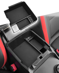 CDEFG front view of center console tray showing neat fit and increased organization