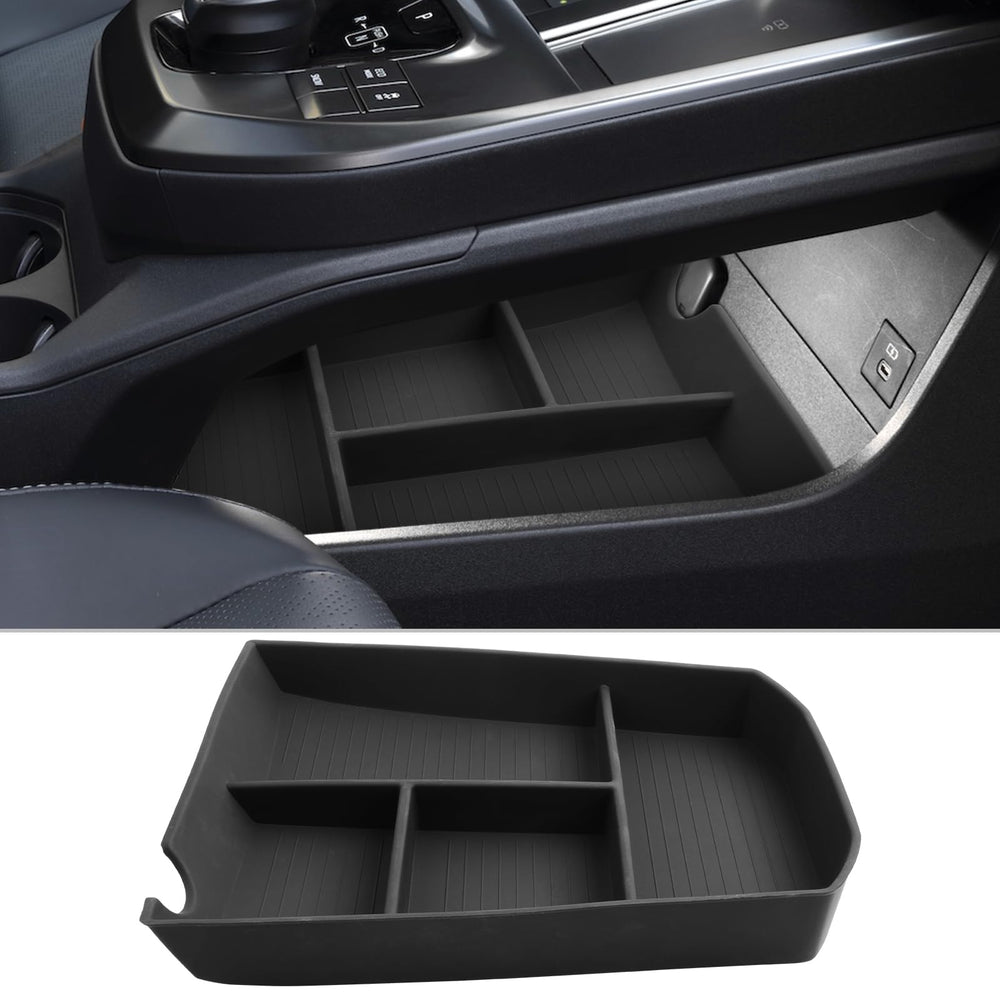CDEFG front view of lower console organizer showing clean storage benefit