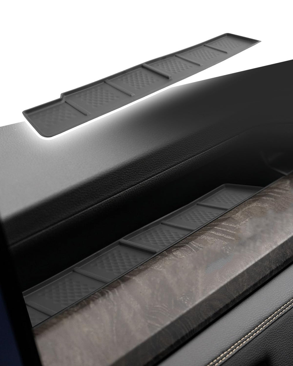CDEFG front view of passenger dash tray mat protecting shelf