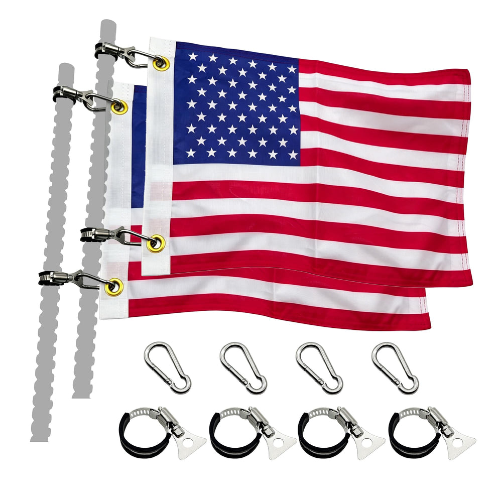 cezelux front packaging showing two 12x18 flags and clips for quick setup