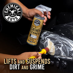 Chemical Guys leather cleaner bottle close-up showing label and safe formula