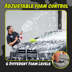 Chemical Guys foam blaster nozzle producing thick foam pattern that clings for safer cleaning