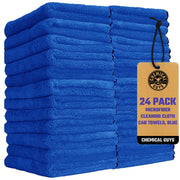 Chemical Guys front packaging of 24 blue towels shows value pack and branding benefit
