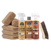 Chemical Guys front packaging of leather care kit showing included pieces and benefits