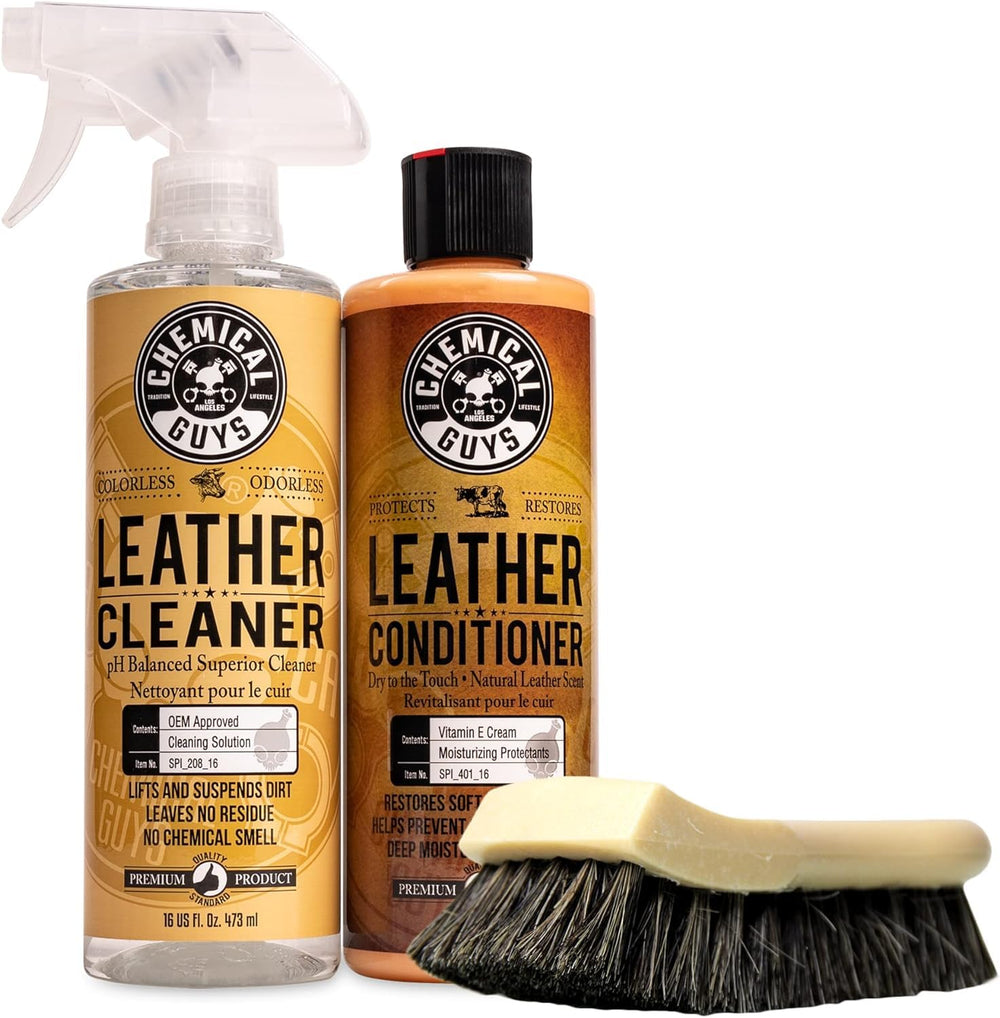 Chemical Guys front packaging of leather kit showing contents and benefits