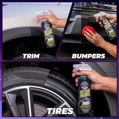 Chemical Guys spray being applied to tire sidewall showing controlled coverage and fast results