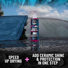 Chemical Guys HydroDry being sprayed onto a wet panel, demonstrating quick application benefit