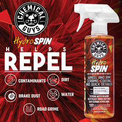 Chemical Guys HydroSpin being sprayed onto a wheel illustrating easy application and instant coverage benefit