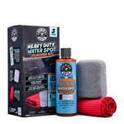 Chemical Guys front kit shot showing complete water spot remover set and fast results