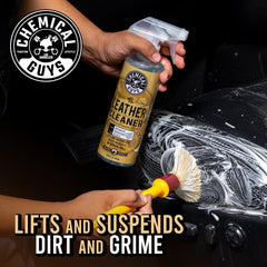Chemical Guys leather cleaner close-up label for gentle deep cleaning