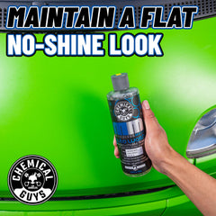 Chemical Guys bottle close-up highlighting formula details and matte protection