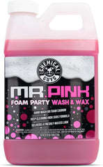 Chemical Guys Mr. Pink dense foam covering car hood from foam cannon for safer dirt removal