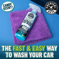 Chemical Guys spray action on car panel demonstrating easy application