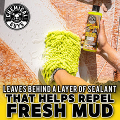 Chemical Guys thick foam clinging to truck surface to loosen heavy mud benefit