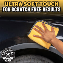 Chemical Guys towel wiping car hood illustrating fast drying and streak-free result