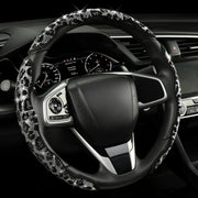 chunxeyella front view of three-piece leopard print steering wheel cover showing sparkle and fit