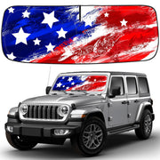 CIMIAUTO front view of sunshade showing American flag and full windshield coverage benefit