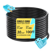 CircleCord front view of 30 amp 100ft cord showing connectors and coiled cable for reliable power