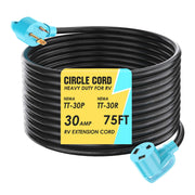 CircleCord front view showing 75ft 30A extension cord and connectors, durable outdoor use