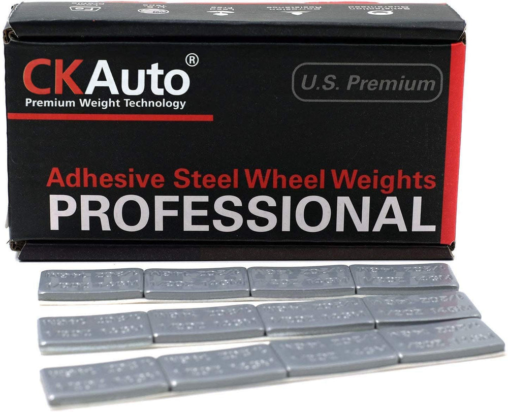 CKAuto front packaging showing box of grey stick-on wheel weights for organized storage