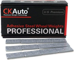 CKAuto front packaging showing box of grey stick-on wheel weights for organized storage