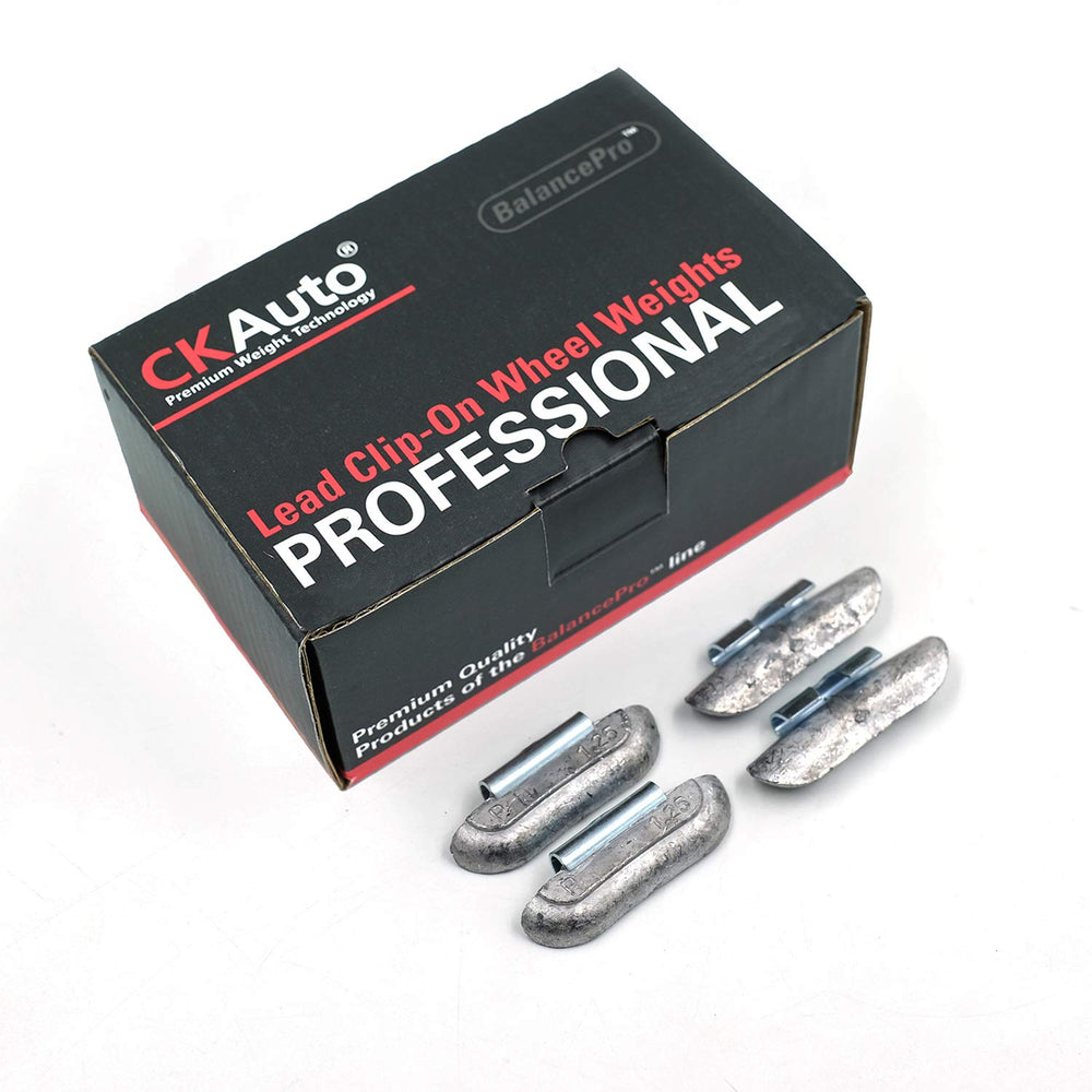 CKAuto branded box of 25 P-type lead clip-on wheel weights showing contents and benefit