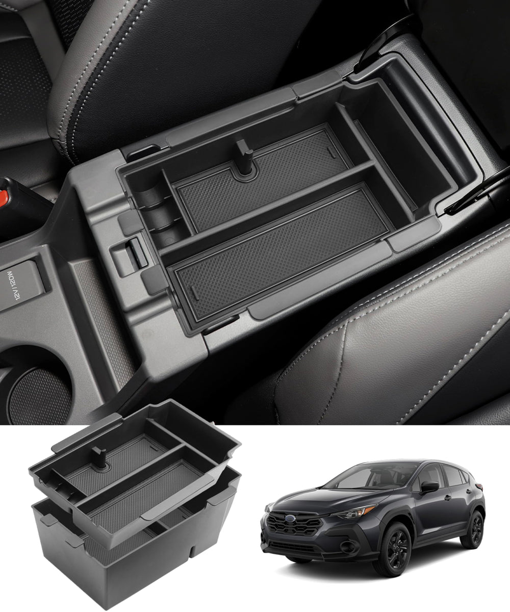 Coleya front view installed in Crosstrek armrest showing neat organization