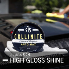 COLLINITE 915 jar next to car keys showing 12 fl oz size and coverage benefit