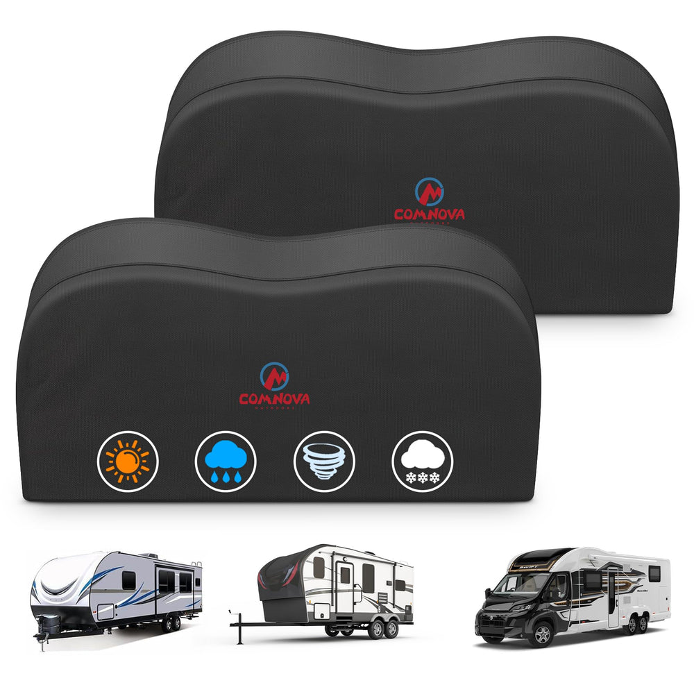 M COMNOVA OUTDOORS front view of two-pack covers showing fit and branding, protects wheels