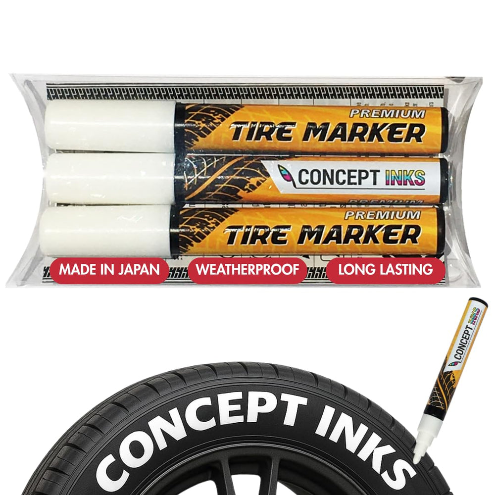 ConceptInks front packaging showing three white tire marker pens and benefit of durable coverage