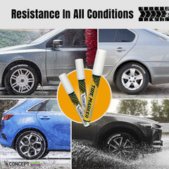 ConceptInks pen in use applying lettering on car tire demonstrating easy application benefit