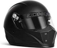 Conquer helmet front view showing sleek black white silver styling and track-ready protection