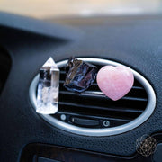 Conscious Items front view of three crystal vent clips showing calming travel decor