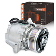 COOLIGO compressor front view showing mounting pattern and ready-to-install benefit