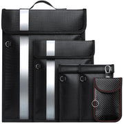 Coorattyes front view of five-piece Faraday bag set showing sizes and handle protection