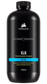 Corsair XL8 translucent blue front bottle showing label and capacity benefits