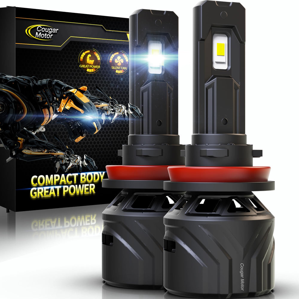 Cougar Motor H11 front packaging showing pack of two bulbs and plug and play benefit