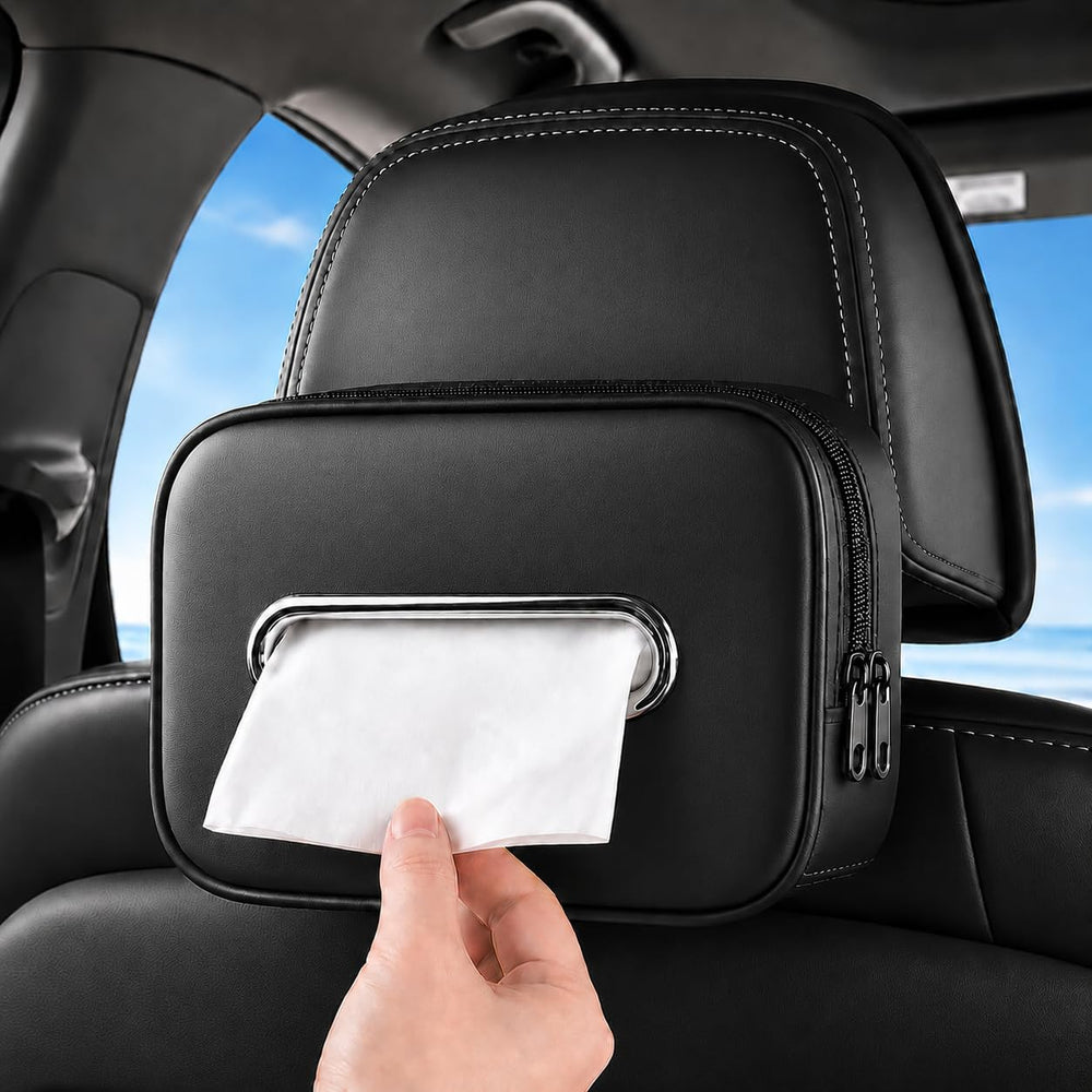 COZILO front view of black leather tissue holder showing tidy storage