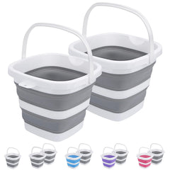 Craftend front view of two grey collapsible buckets showing compact set and convenience