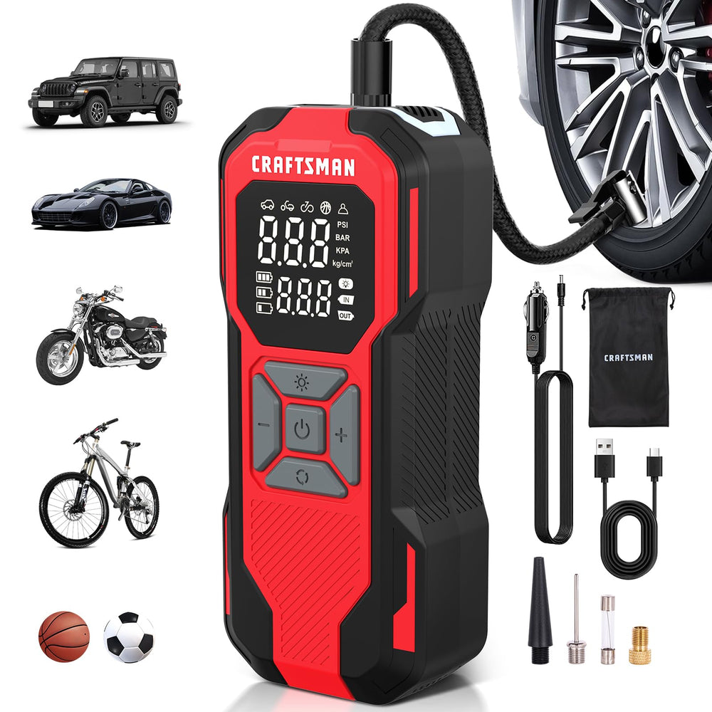 CRAFTSMAN front view showing tire inflator and benefits of portability
