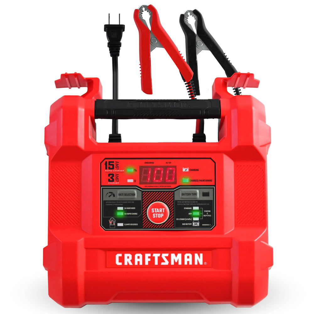 CRAFTSMAN front view of CMXCESM162 showing compact charger and status lights for reliable charging